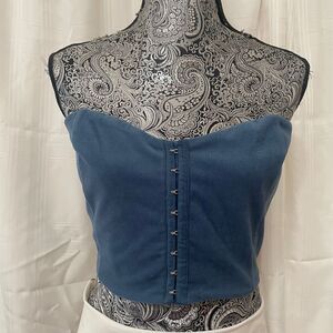 Little lie Vintage Style Blue Corduroy‎ Bustier Crop Top with Hook Front Closure
